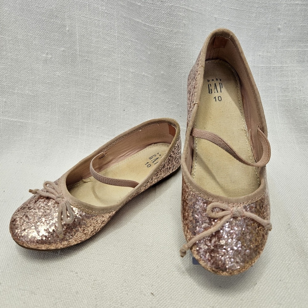 Gap Ballet Flats Girls Size‎ 10 Rose Gold Glitter Bow Elastic Strap Dressy Shoes